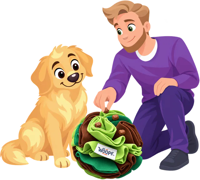 Illustrated owner placing treats on top of a green Snuffle Ball while a golden retriever puppy watches