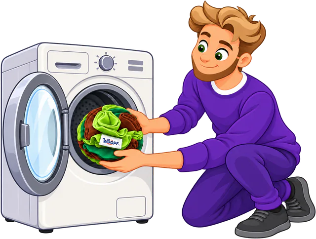 Illustrated owner loading a green Snuffle Ball into a washing machine