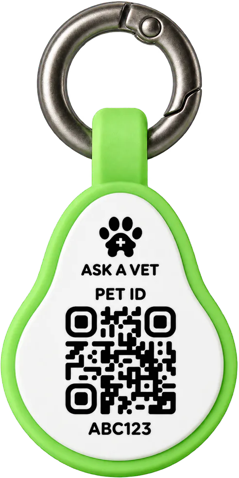 Back of the Avocado Smart ID Tag: the printed QR code under the Ask A Vet paw mark