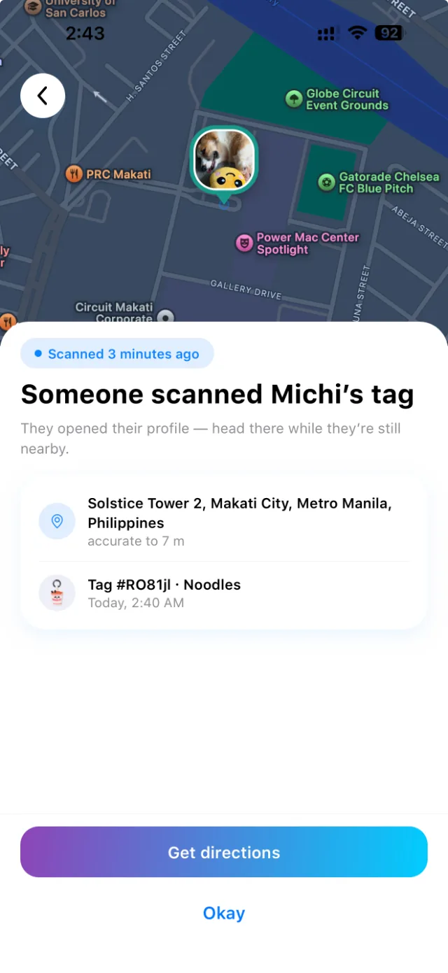 A scan alert showing where the tag was scanned