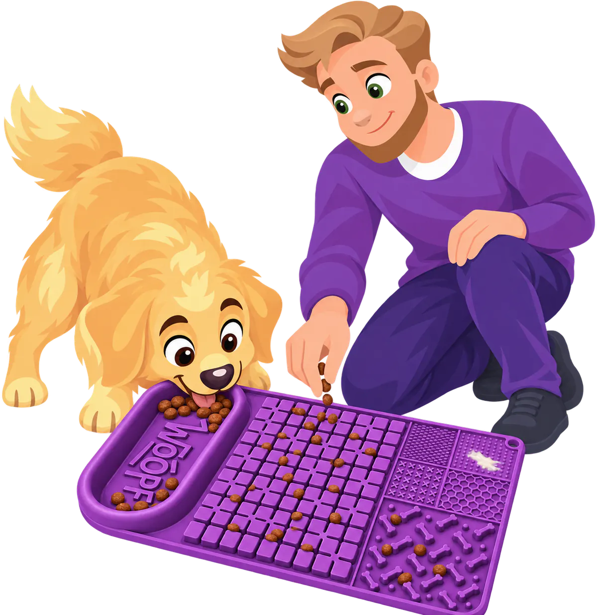 Illustrated golden retriever eating kibble from the bowl of a purple WOOPF™ Licky Bowl Mat while a kneeling man drops more kibble onto the cube field beside it