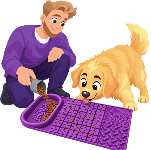 Illustrated man pouring kibble from a scoop into the bowl of a purple WOOPF™ Licky Bowl Mat as a golden retriever leans in over the cube field