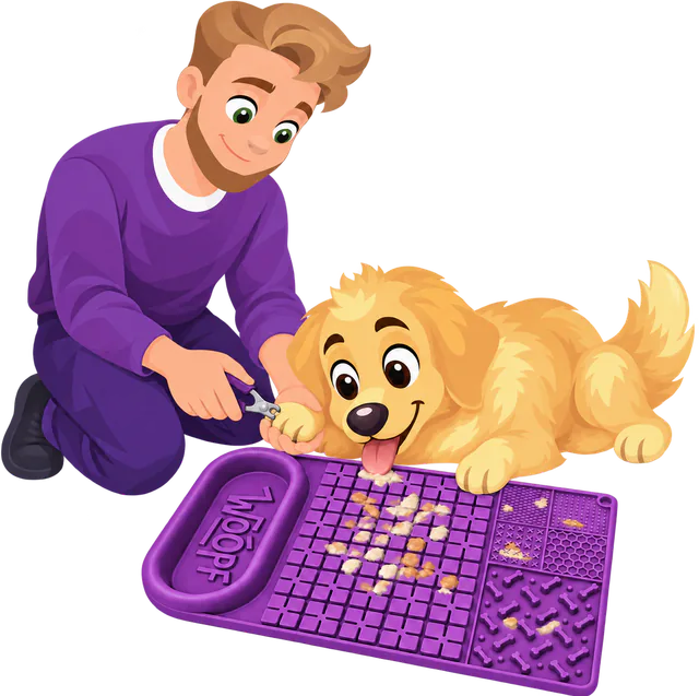 Illustrated man clipping a golden retriever's nails while the dog lies licking pale chunks of food from a loaded purple WOOPF™ Licky Bowl Mat