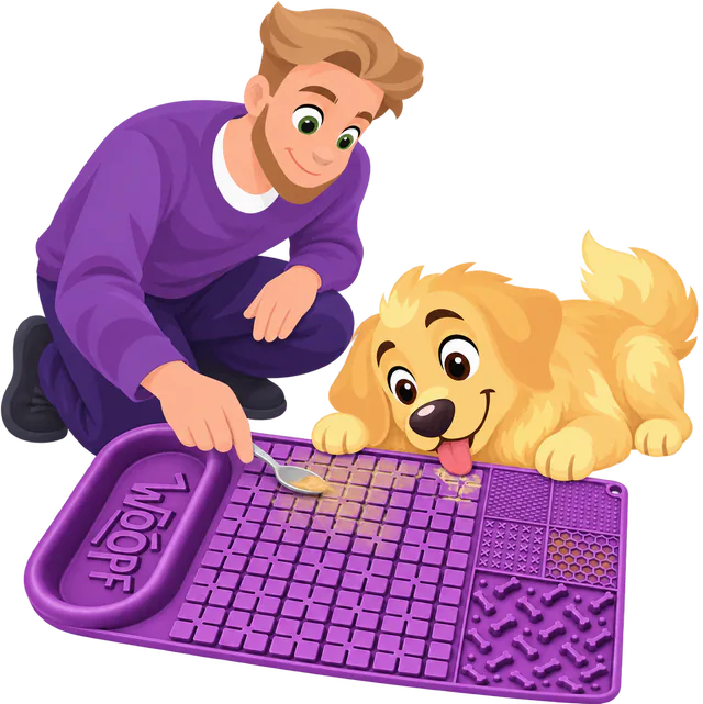 Illustrated man spreading paste across a purple WOOPF™ Licky Bowl Mat with a spoon while a golden retriever lies down and licks it