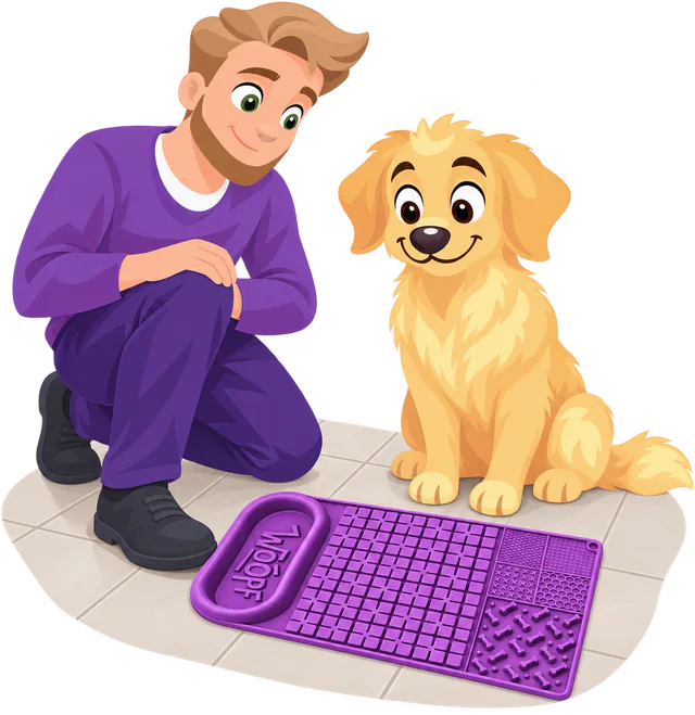Illustrated man crouching beside an empty purple WOOPF™ Licky Bowl Mat laid on a tiled floor while a golden retriever sits and watches