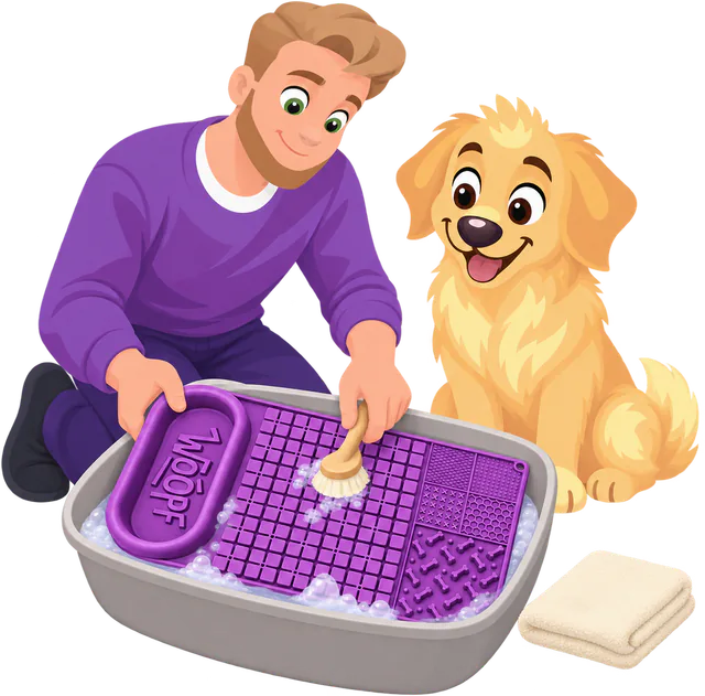 Illustrated man scrubbing a purple WOOPF™ Licky Bowl Mat with a brush in a basin of soapy water while a golden retriever sits beside a folded towel