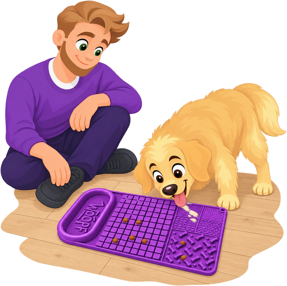 Illustrated golden retriever licking a purple WOOPF™ Licky Bowl Mat lying flat on a timber floor while a man sits cross-legged beside it