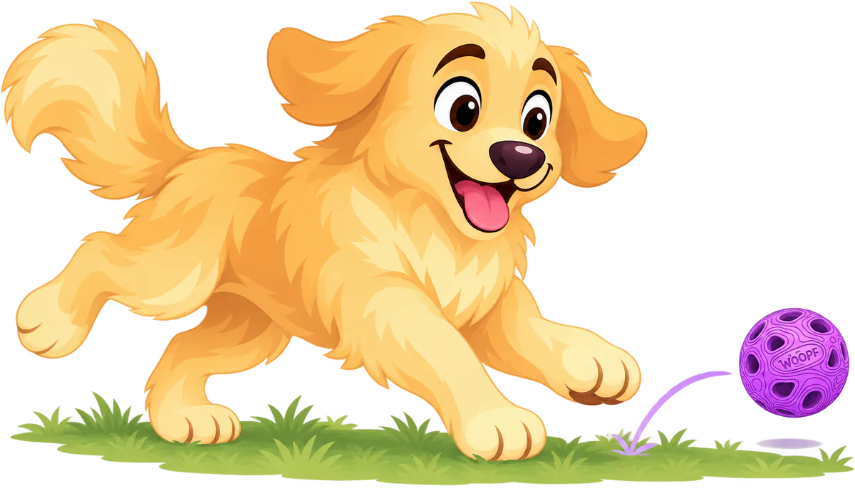 Illustrated golden retriever puppy running after a Purple MeteorBite Ball as it bounces off the grass