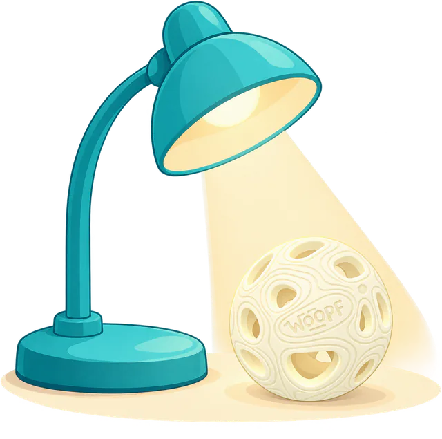 Illustrated desk lamp shining down on a Glow MeteorBite Ball to charge it