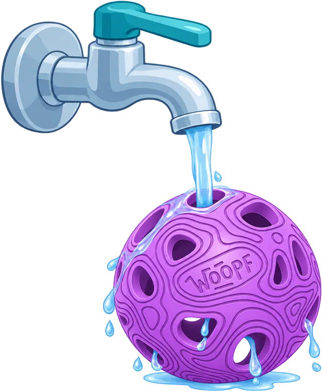 Illustrated tap running water through the holes of a Purple MeteorBite Ball