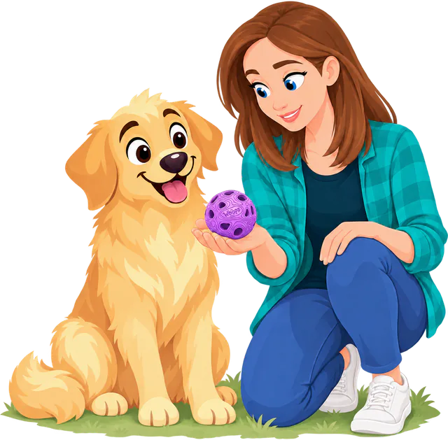Illustrated owner kneeling beside a golden retriever and holding a Purple MeteorBite Ball up to its mouth