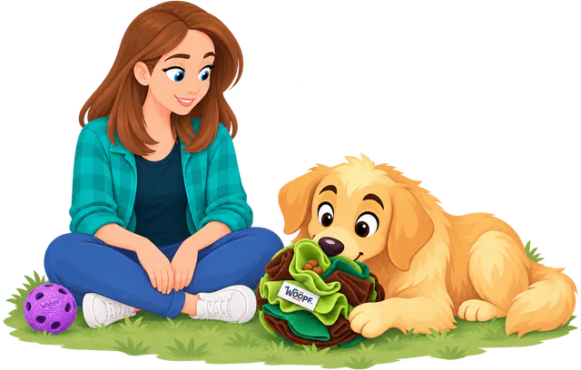 Illustrated owner sitting on the grass beside a Purple MeteorBite Ball while a golden retriever noses kibble out of a green and brown WOOPF™ snuffle ball