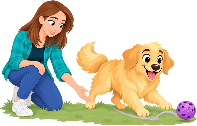 Illustrated owner kneeling on the grass and rolling a Purple MeteorBite Ball low for a golden retriever puppy to chase