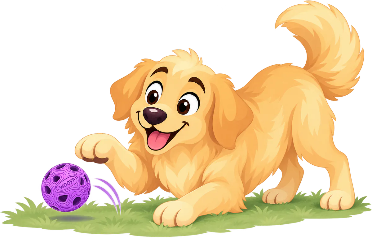 Illustrated golden retriever puppy in a play bow, pawing at a Purple MeteorBite Ball bouncing on the grass