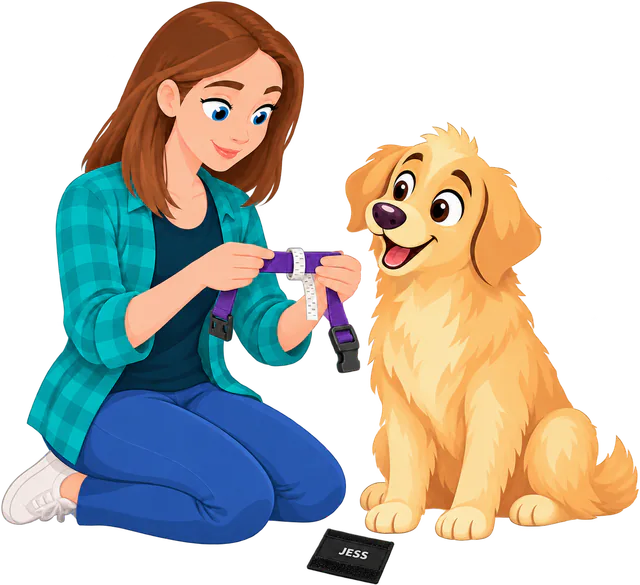 Illustrated woman kneeling beside a golden retriever, wrapping a tape measure round a purple collar, a JESS badge on the floor