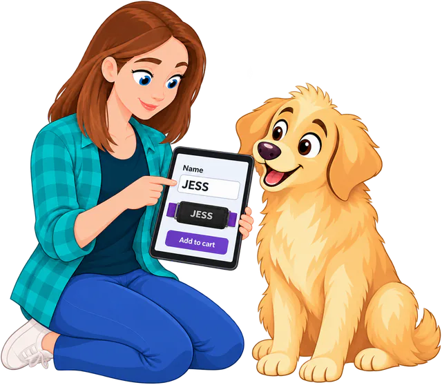 Illustrated woman kneeling beside a golden retriever, pointing to the name JESS typed on a tablet above an Add to cart button