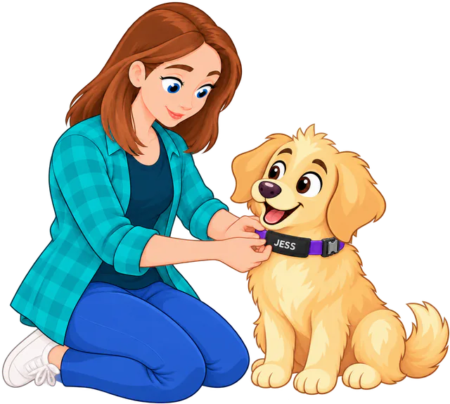 Illustrated woman kneeling beside a golden retriever, pressing the JESS badge closed round its purple collar