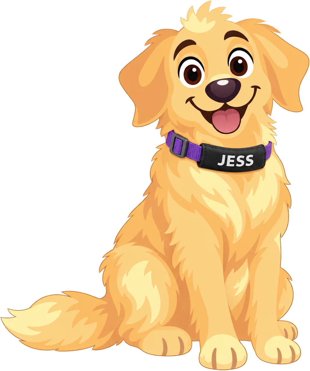Illustrated golden retriever sitting and smiling, a black badge printed JESS wrapped round its purple collar