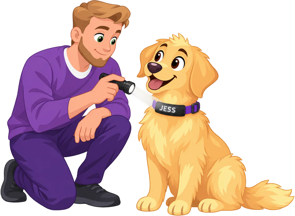 Illustrated man kneeling in the dark, shining a torch on the JESS badge on a golden retriever's collar