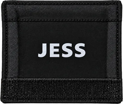 Large Custom Name Badge printed JESS in silver on black, open and flat, hook-and-loop strip along the bottom