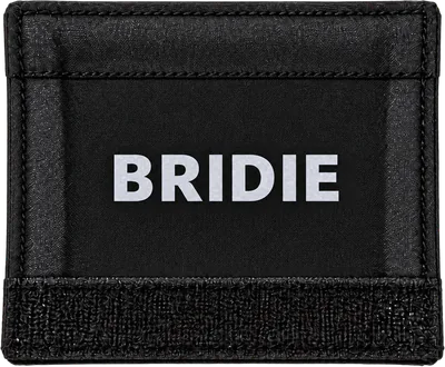 Small Custom Name Badge printed BRIDIE in silver on black, open and flat, hook-and-loop strip along the bottom