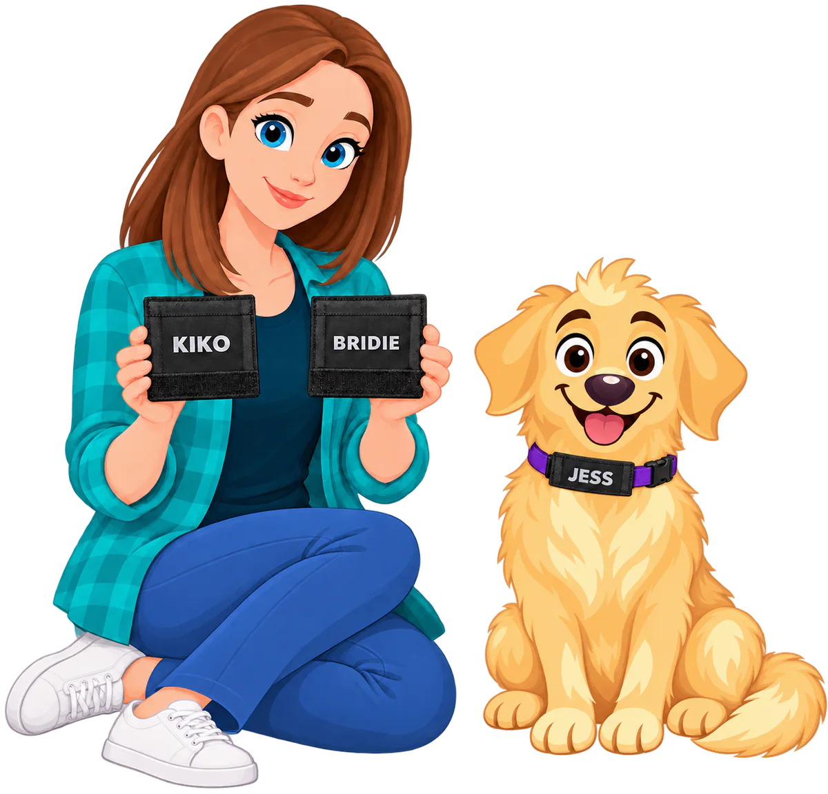 Illustrated woman kneeling beside a golden retriever, holding up two black badges printed KIKO and BRIDIE, the dog wearing one printed JESS on its purple collar