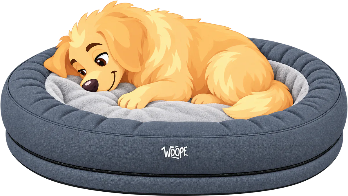 Illustrated golden retriever lying in a grey WOOPF™ NÄP Vet Orthopedic Bed with its nose pushed into the fur that lines the well