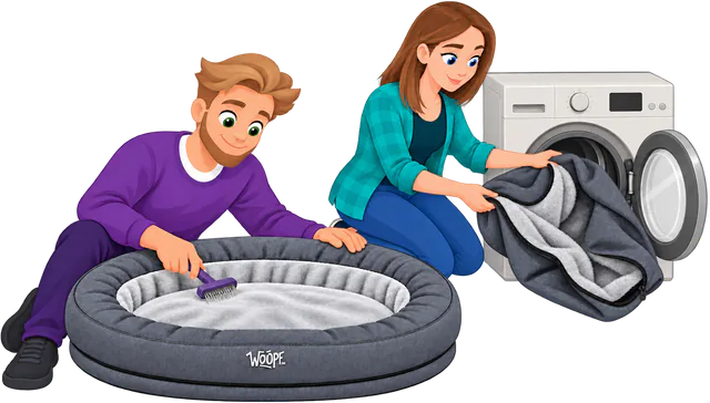 Illustrated man brushing the fur of a grey NÄP Vet Orthopedic Bed as a woman loads a cover into a washing machine