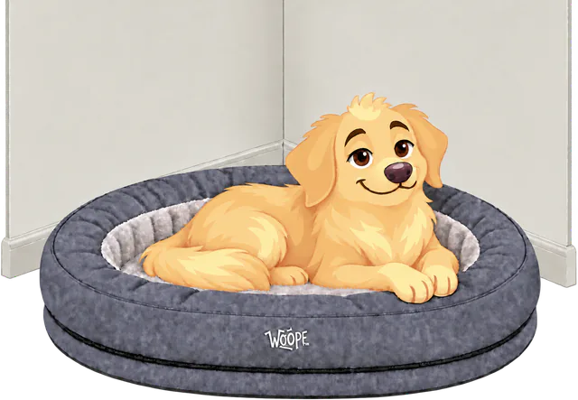 Illustrated golden retriever lying alone in a grey NÄP Vet Orthopedic Bed in the corner of a room