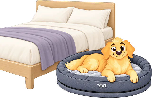 Illustrated golden retriever lying in a grey NÄP Vet Orthopedic Bed beside a made double bed