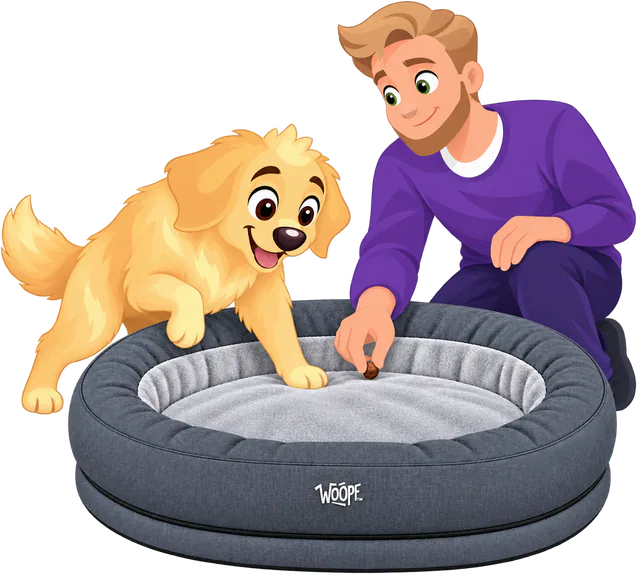 Illustrated man placing a treat in a grey NÄP Vet Orthopedic Bed as a golden retriever steps in