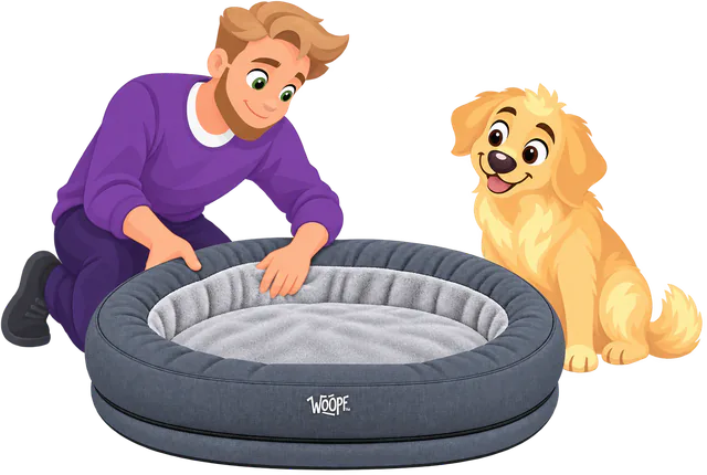 Illustrated man fluffing the wall of an empty grey NÄP Vet Orthopedic Bed while a golden retriever watches