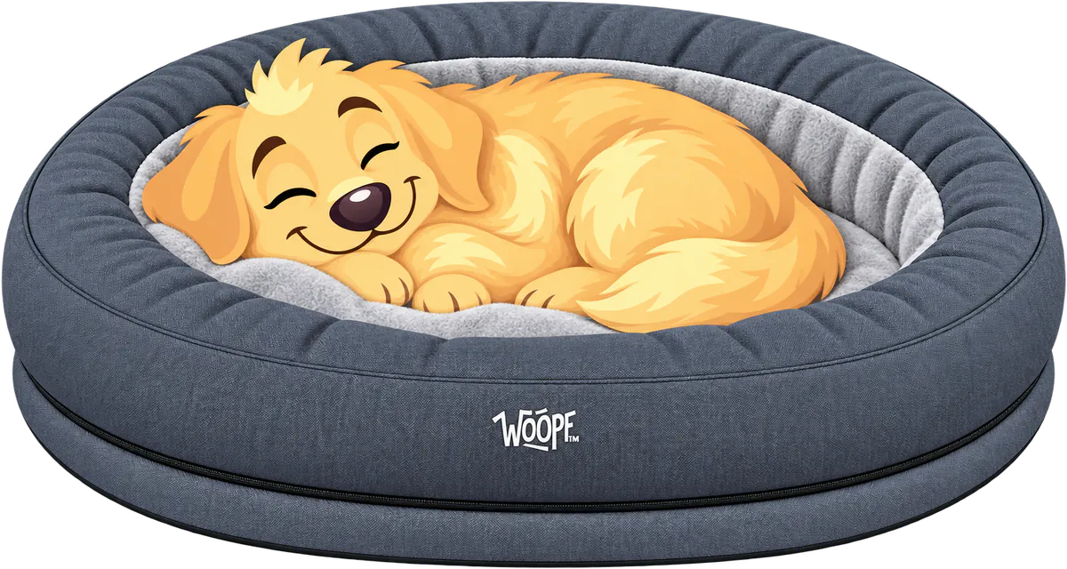 Illustrated golden retriever curled up asleep in the fur-lined well of a grey WOOPF™ NÄP Vet Orthopedic Bed, its wall all the way round