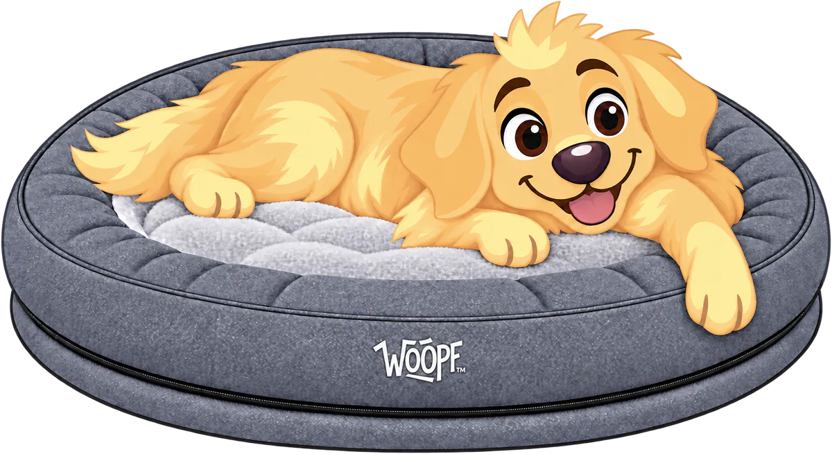 Illustrated golden retriever lying across a grey WOOPF™ NÄP Vet Orthopedic Bed with one front paw hanging over the wall