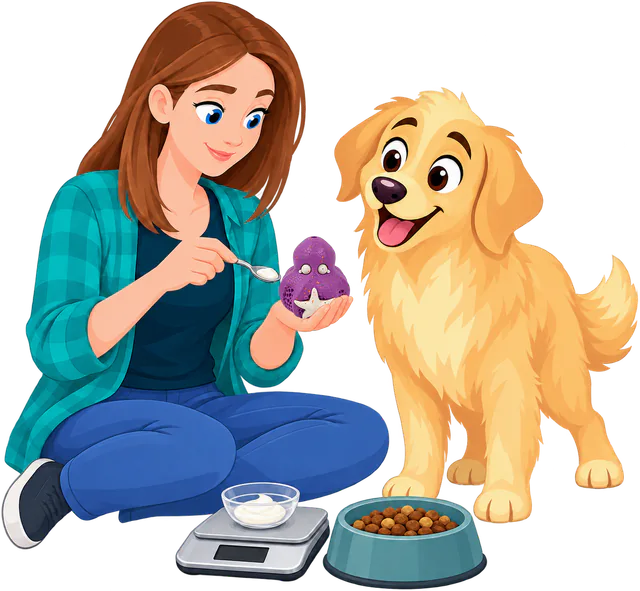 A woman in a green checked shirt sits beside a kitchen scale and spoons yoghurt onto a purple Chewster Octopus while a golden retriever waits by its food bowl.