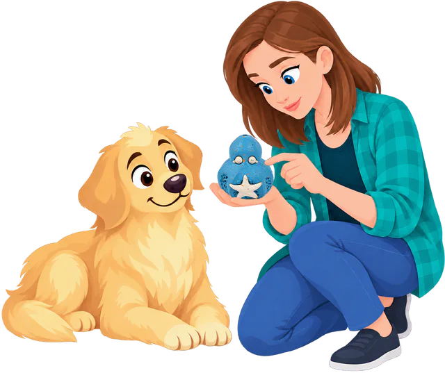 A woman in a green checked shirt crouches and looks closely at a blue Chewster Octopus in her hand while a golden retriever puppy watches.