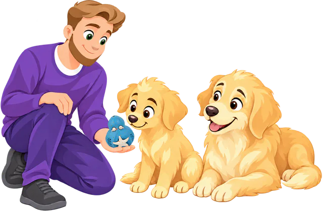 A man in a purple jumper kneels and holds out a blue Chewster Octopus to a golden retriever puppy, an older golden retriever lying beside it.