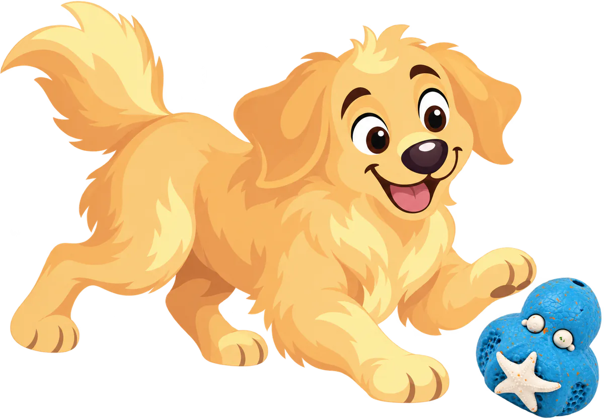 A golden retriever puppy bounds towards a blue Chewster Octopus and reaches out a paw to it.
