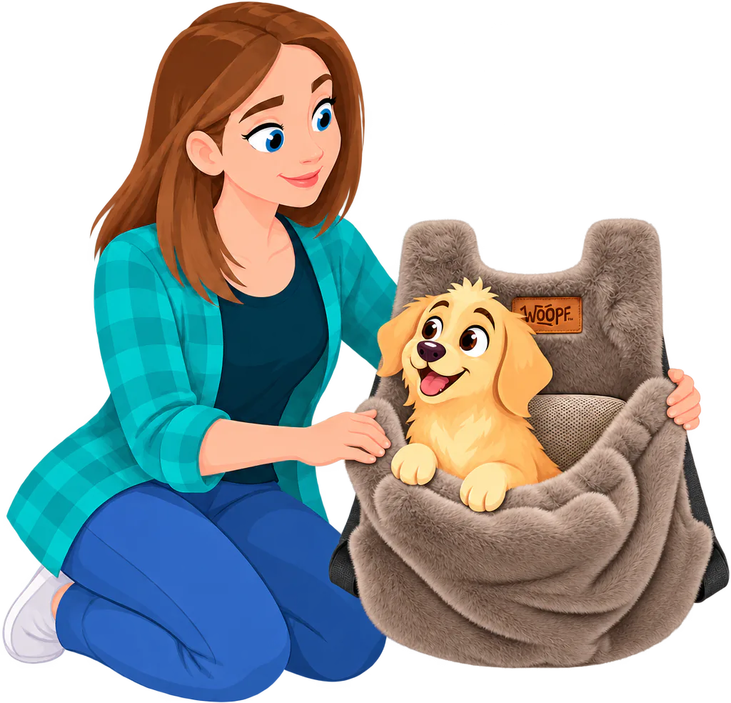 Illustrated woman kneeling beside a brown WOOPF™ Furry Range Puppy Pouch standing on its firm base, a golden retriever puppy looking out over the fur rim