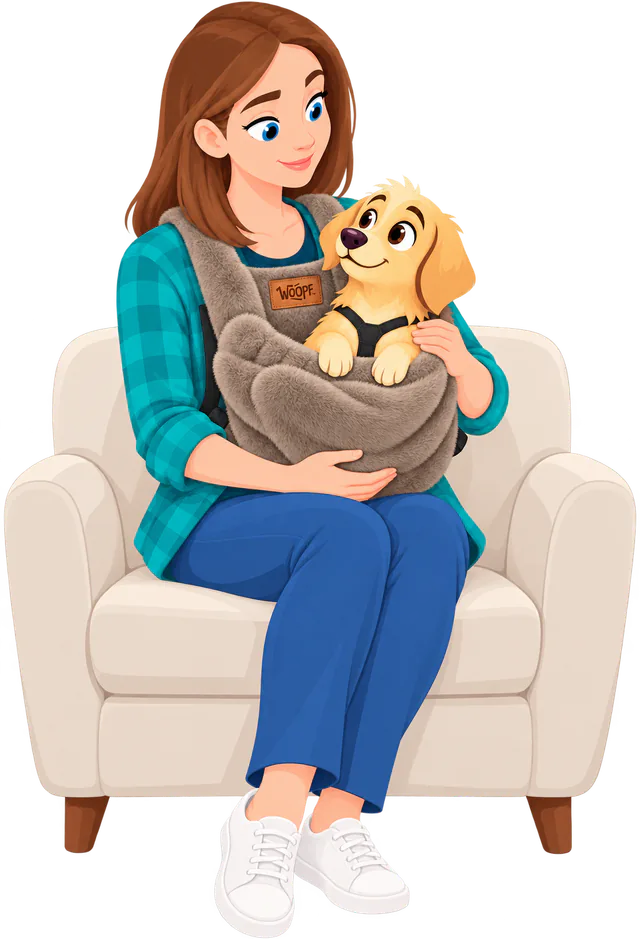 Illustrated woman sitting in an armchair at home wearing a brown Furry Range Puppy Pouch on her chest, a golden retriever puppy in a harness looking up at her
