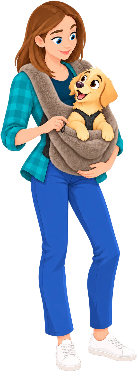 Illustrated woman wearing a brown Furry Range Puppy Pouch on her chest, holding the lead clipped to the harness of the golden retriever puppy inside