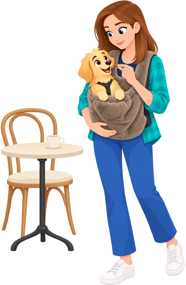 Illustrated woman standing by a café table wearing a brown Furry Range Puppy Pouch, offering a treat to the golden retriever puppy inside