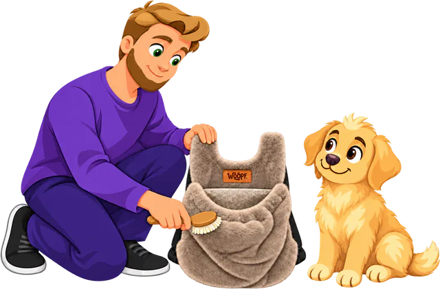 Illustrated man kneeling to brush the fur of a brown Furry Range Puppy Pouch while a golden retriever puppy sits and watches