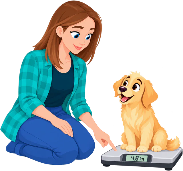 Illustrated woman kneeling to point at the reading on a digital scale, a golden retriever puppy sitting on it