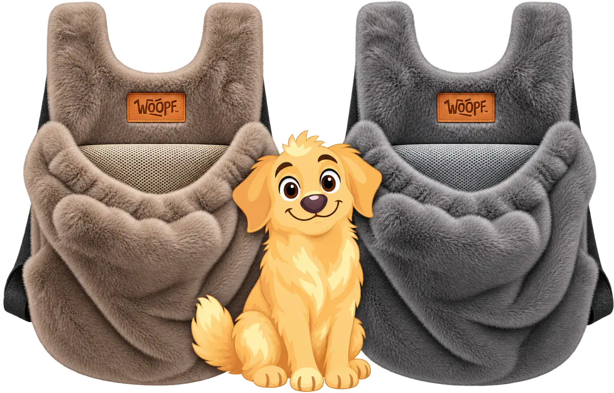 Illustrated golden retriever puppy sitting between a Brown and a Grey WOOPF™ Furry Range Puppy Pouch
