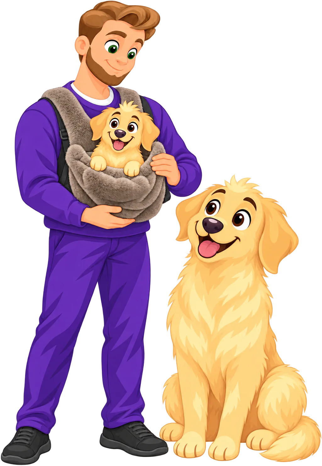 Illustrated man carrying a golden retriever puppy in a brown WOOPF™ Furry Range Puppy Pouch, a grown golden retriever sitting at his feet