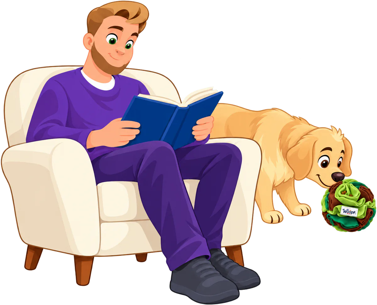 Illustrated owner reading quietly in an armchair while his golden retriever sniffs a Snuffle Ball