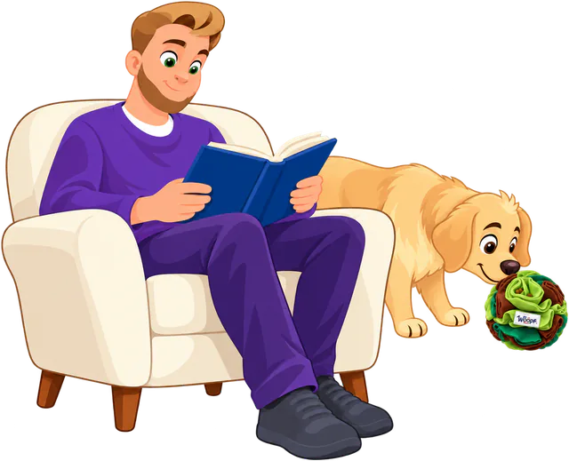 Illustrated owner reading in an armchair while his golden retriever sniffs a Snuffle Ball