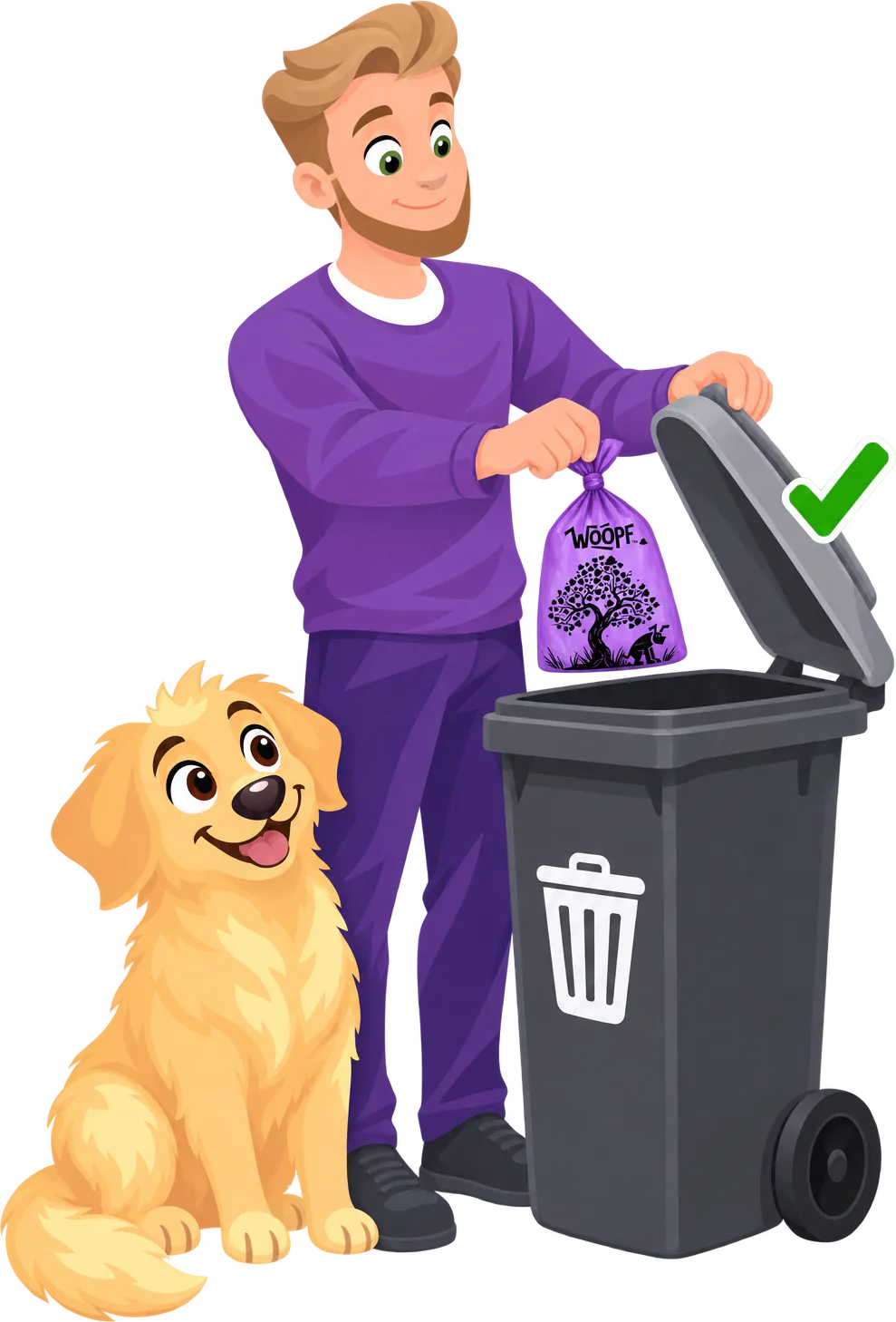 A man drops a tied purple WOOPF™ poo bag into a general-waste wheelie bin, a golden retriever sitting beside him.