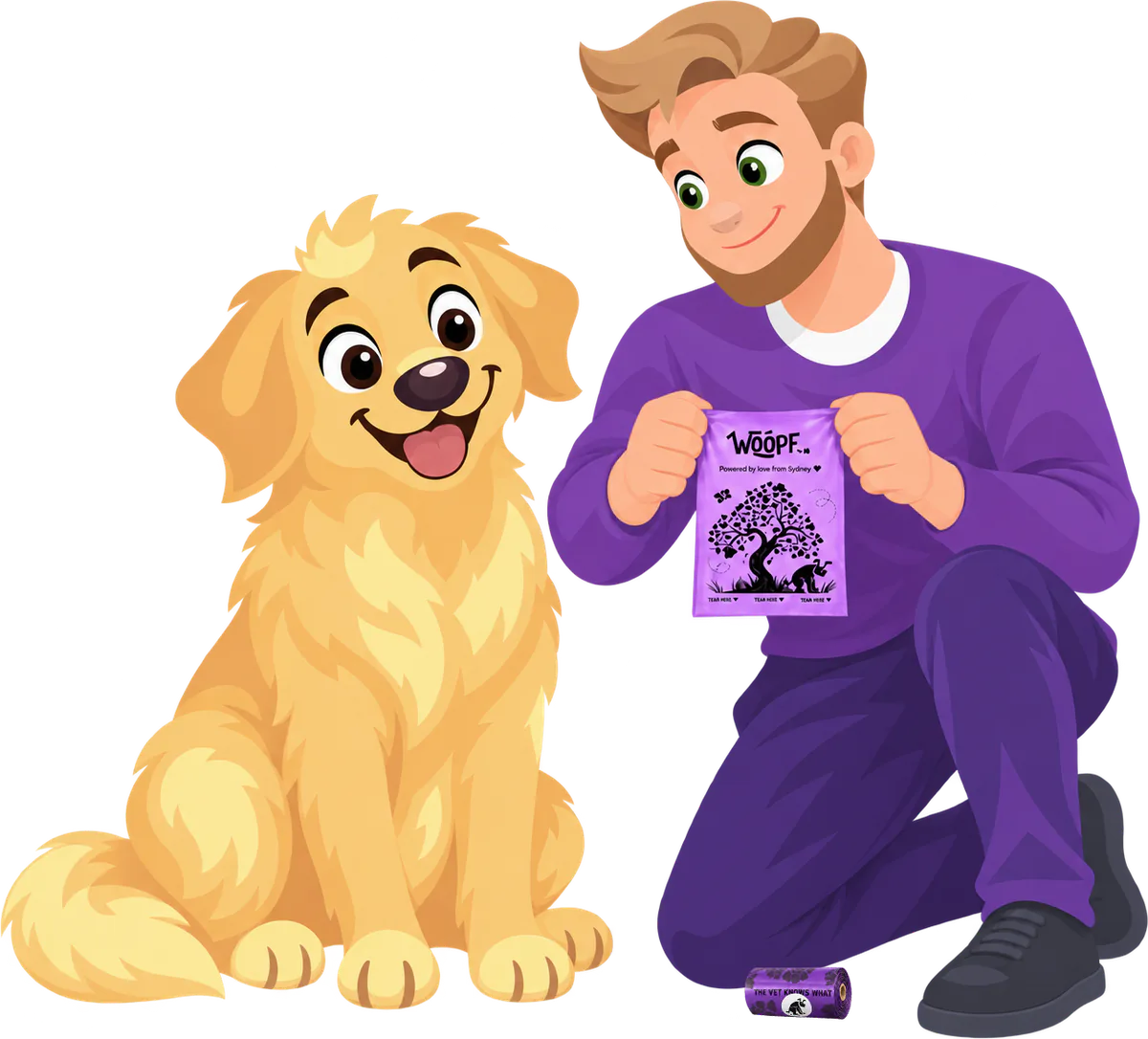 A man kneeling beside a golden retriever holds up an open purple WOOPF™ poo bag printed with a tree, a roll of bags at his feet.